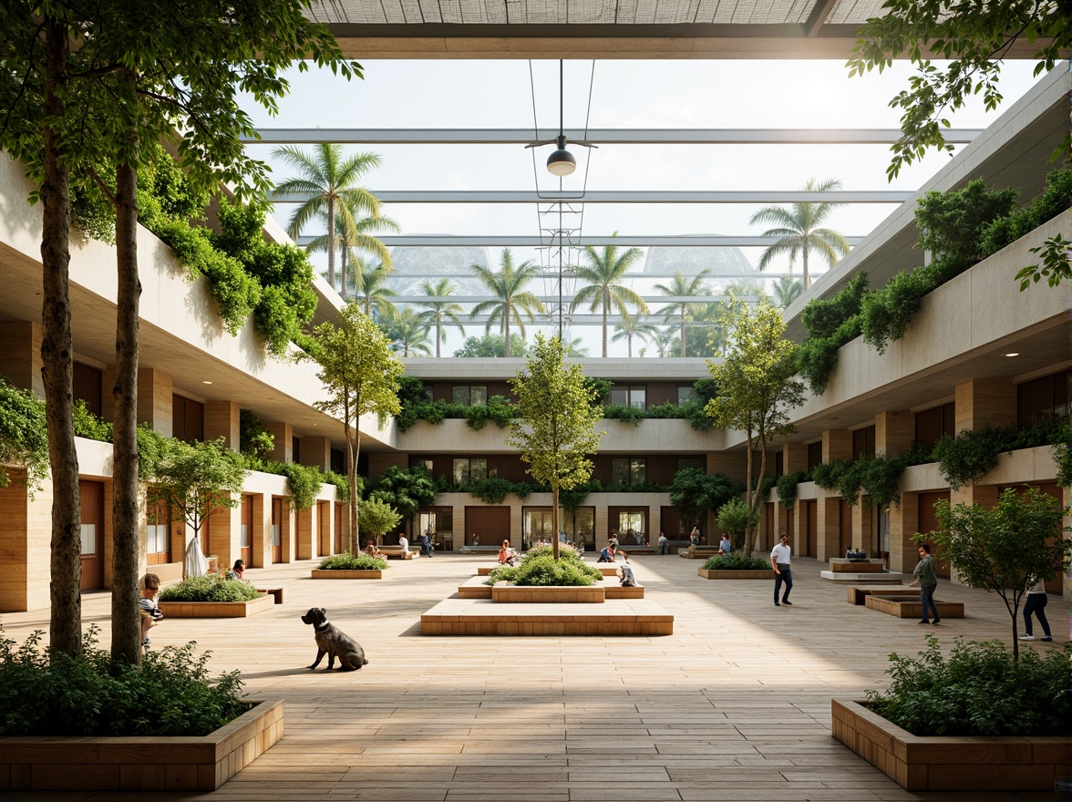 Prompt: Eco-friendly gymnasium, green roofs, lush vegetation, natural light harvesting, solar panels, wind turbines, rainwater collection systems, recycled materials, minimalist design, open spaces, wooden flooring, large windows, clerestory lighting, soft warm ambiance, shallow depth of field, 3/4 composition, panoramic view, realistic textures, ambient occlusion.