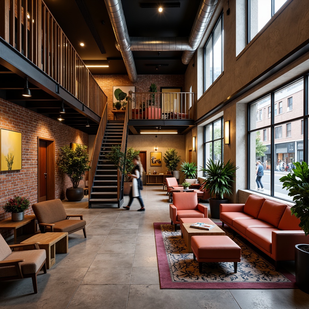 Prompt: Vibrant hostel lobby, industrial-chic decor, exposed brick walls, reclaimed wood accents, eclectic furniture mix, communal lounge area, cozy reading nooks, rustic metal staircase, modern minimalist lighting, urban-chic color scheme, abstract art pieces, funky patterned rugs, warm intimate atmosphere, laid-back vibe, natural stone flooring, earthy tone palette, oversized windows, cityscape views, bustling street scene, 1/2 composition, softbox lighting, realistic textures, ambient occlusion.