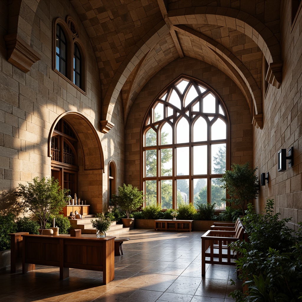 Prompt: Rustic stone walls, vaulted ceilings, grand cathedrals, stained glass windows, intricate carvings, ornate altarpieces, wooden pews, polished marble floors, natural light pouring in, warm soft illumination, dramatic shadows, organic shapes, flowing curves, undulating lines, earthy tones, moss-covered stones, lush greenery, serene ambiance, peaceful atmosphere, shallow depth of field, 1/2 composition, realistic textures, ambient occlusion.