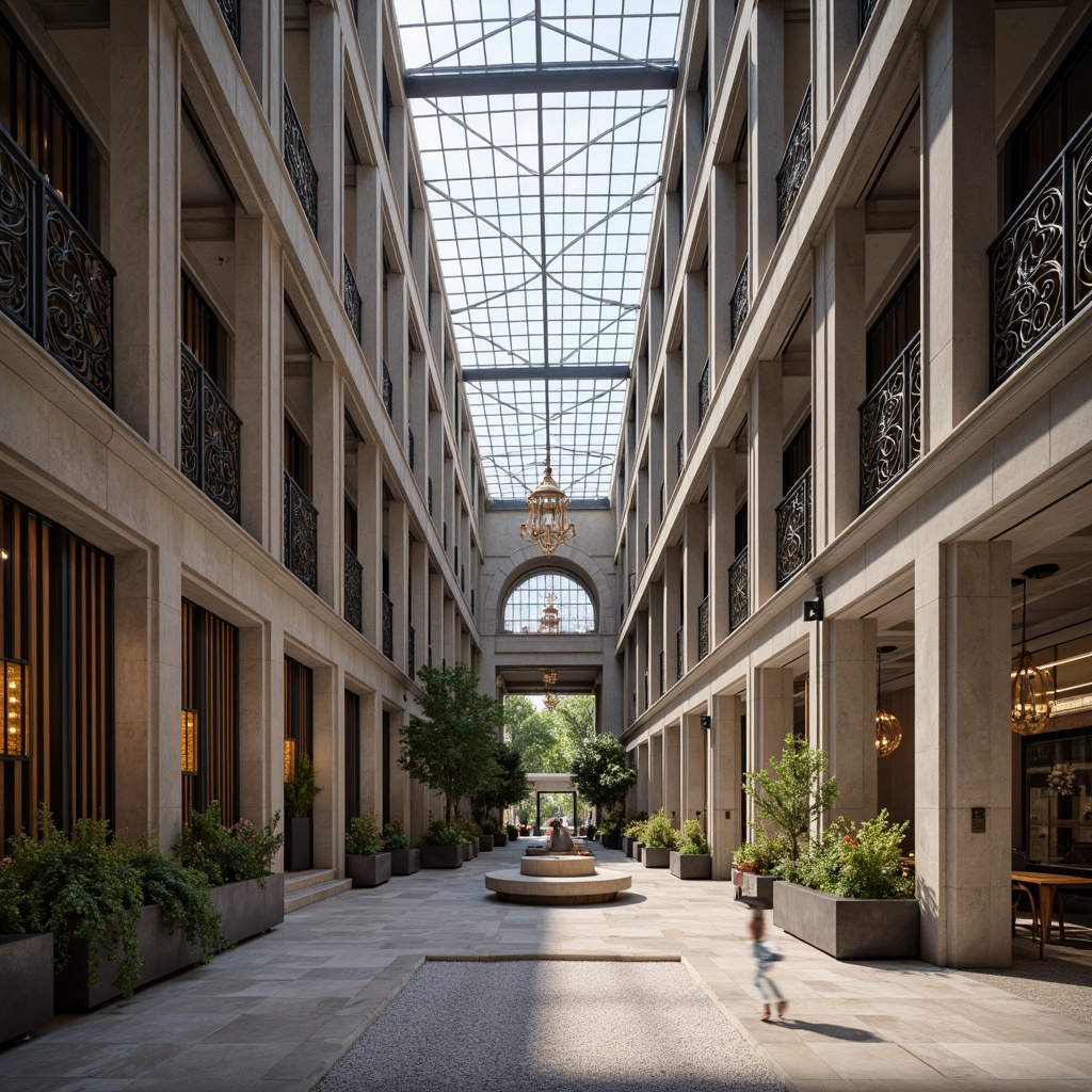 Prompt: Grand courthouse entrance, imposing stone columns, ornate metal gates, symmetrical fa\u00e7ade, fusion of modern and classical elements, sleek glass atrium, open-air courtyard, natural light pouring in, comfortable seating areas, intricate mosaics, rich wood accents, elegant staircases, spacious hallways, high ceilings, dramatic chandeliers, subtle color palette, harmonious blend of old and new, 1/2 composition, softbox lighting, ambient shadows, realistic reflections.