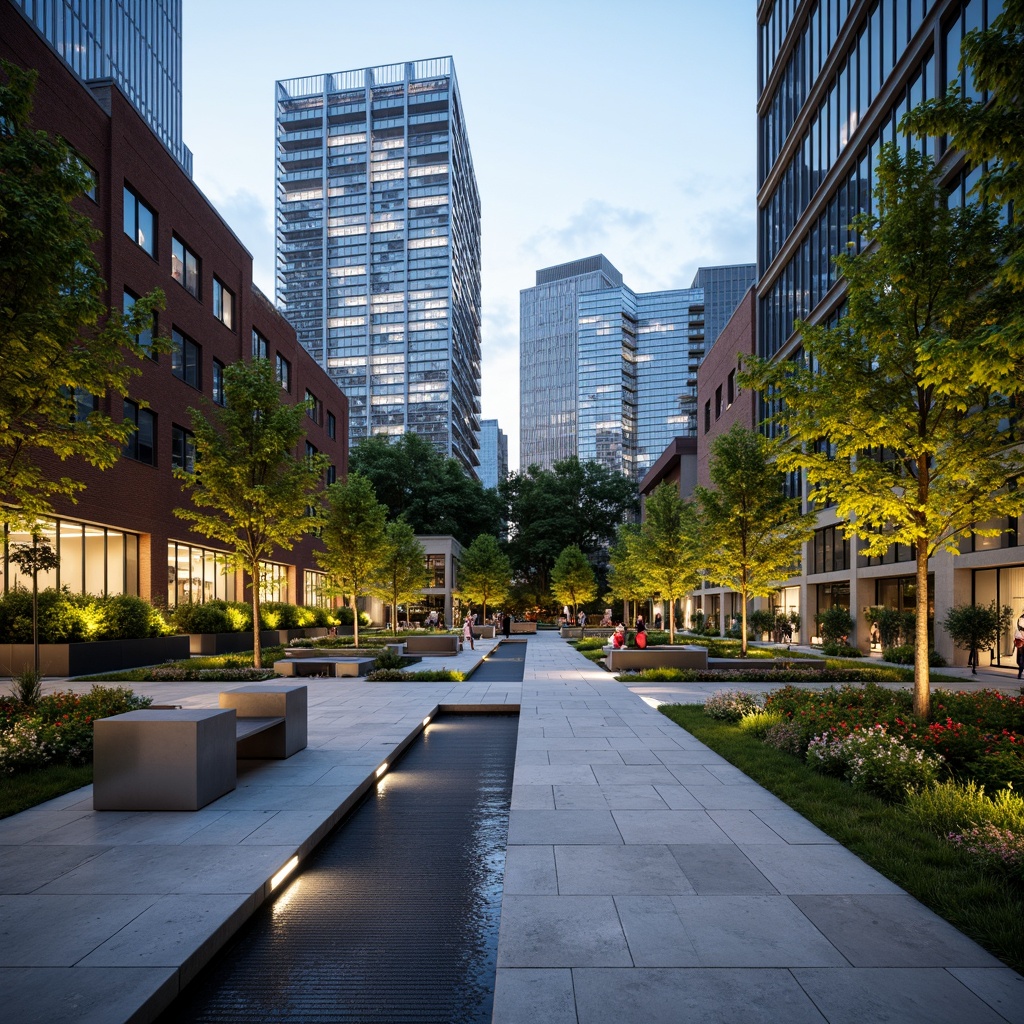 Prompt: Urban skyscrapers, modern cityscape, lush green roofs, vertical gardens, rooftop terraces, minimalist water features, sleek metal benches, LED streetlights, concrete walkways, geometric planters, vibrant urban flowers, industrial-chic materials, shallow depth of field, 1/1 composition, warm ambient lighting, realistic textures, ambient occlusion.