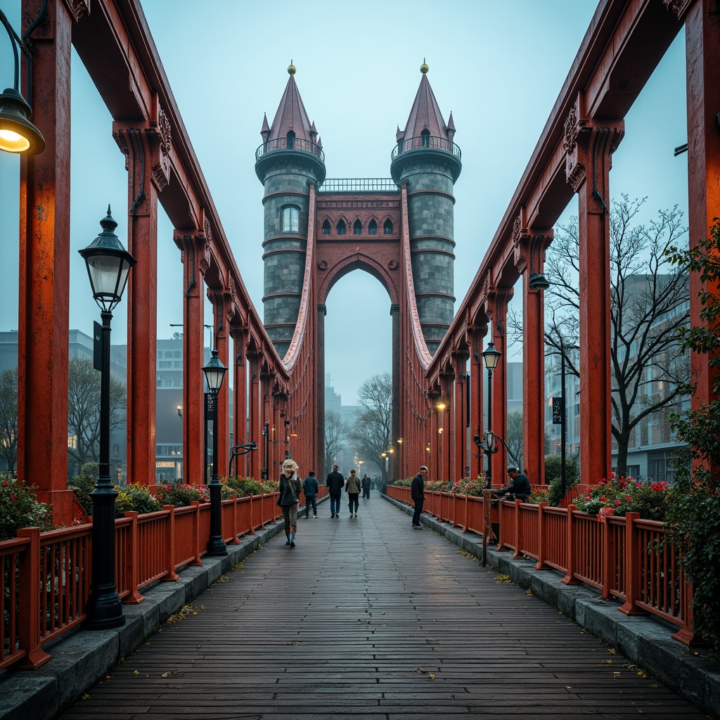 Prompt: Vibrant eclectic bridge, asymmetrical arches, ornate metal railings, rustic stone piers, wooden decking, vintage lamp posts, intricate carvings, gothic-inspired towers, bold color scheme, dynamic curvature, industrial metallic textures, warm ambient lighting, 1/2 composition, low-angle shot, dramatic shadows, atmospheric fog.