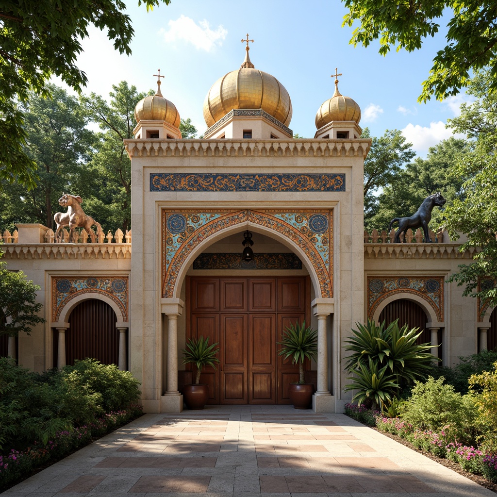 Prompt: Exotic zoo entrance, Byzantine-inspired facade, ornate stone carvings, golden domes, intricate mosaics, vibrant animal sculptures, lush greenery, tropical plants, natural stone walls, rusted metal gates, grand archways, imposing columns, warm afternoon lighting, soft shadows, 1/1 composition, symmetrical view, realistic textures, ambient occlusion.