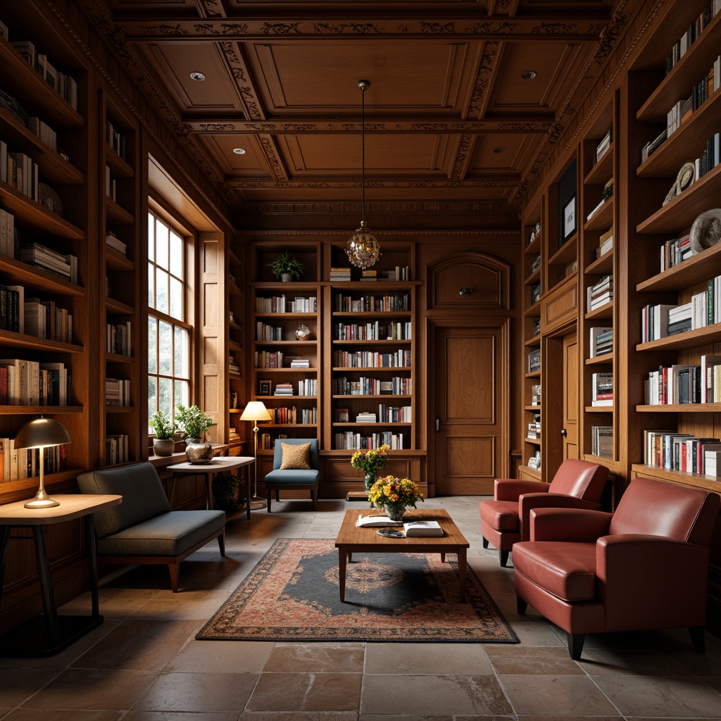 Prompt: Cozy library interior, wooden bookshelves, comfortable reading nooks, plush armchairs, soft warm lighting, earthy color palette, vintage lamps, classic literature displays, elegant wood paneling, intricate molding details, serene atmosphere, natural stone flooring, subtle textures, 1/1 composition, shallow depth of field, realistic rendering, ambient occlusion.