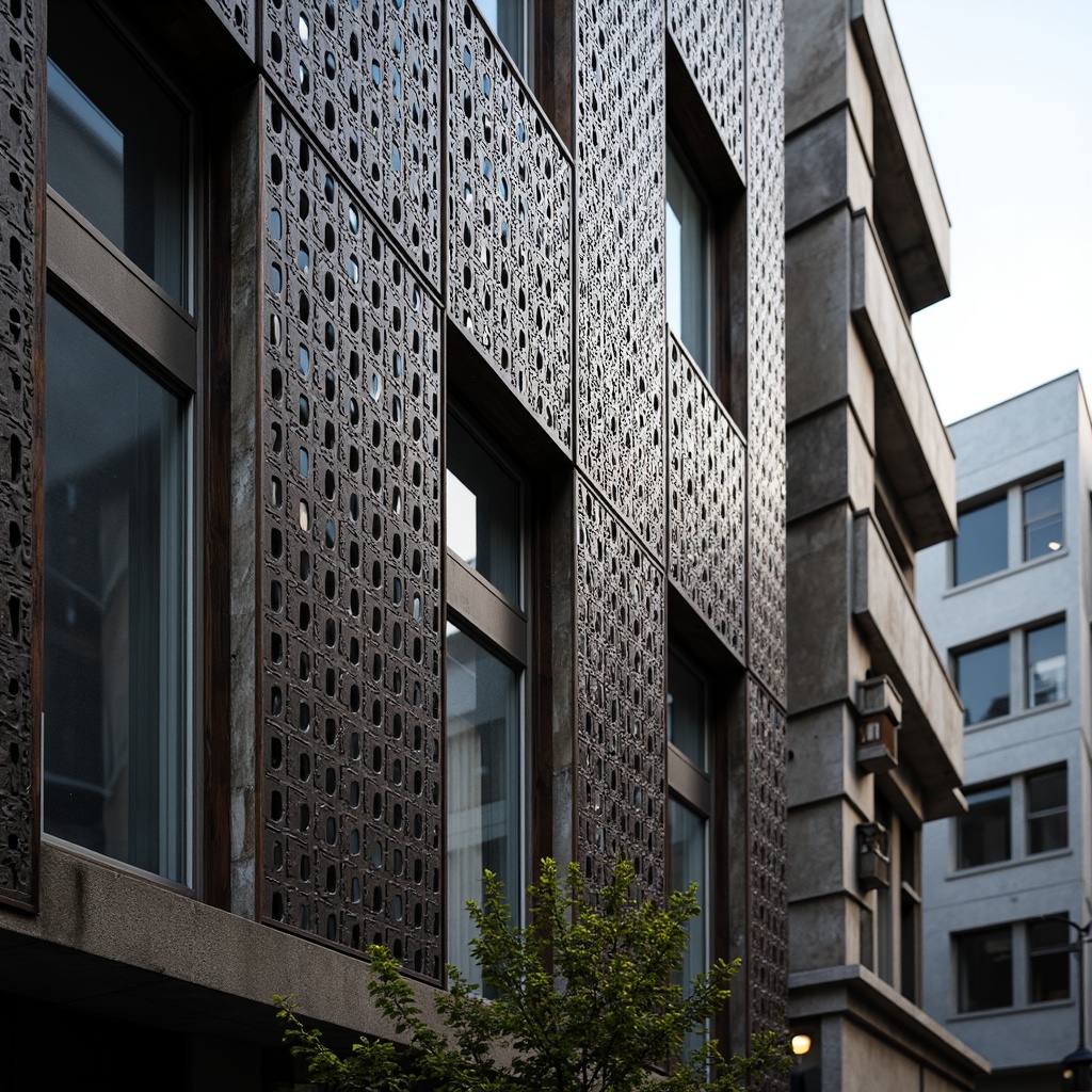 Prompt: Industrial aesthetic, perforated metal facade, geometric patterns, airy ventilation, modern architecture, sleek urban design, functional materiality, weathered steel tones, industrial chic atmosphere, natural light filtering, 3/4 composition, shallow depth of field, realistic textures, ambient occlusion.