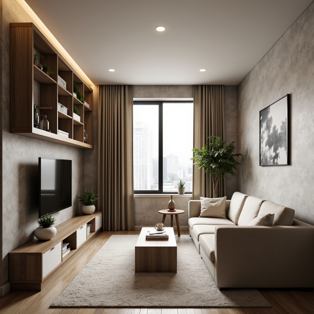 Prompt: Compact living room, minimalistic decor, neutral color palette, multifunctional furniture, space-saving storage solutions, cleverly designed shelves, sleek coffee table, comfortable sectional sofa, floor-to-ceiling windows, natural daylight, soft warm lighting, 1/1 composition, shallow depth of field, realistic textures, ambient occlusion.