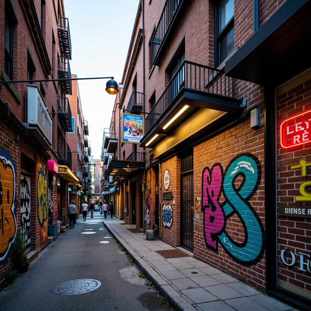 Prompt: Vibrant urban streetscape, eclectic mix of bright colors, bold graffiti, neon lights, dynamic shapes, abstract patterns, textured brick walls, industrial metal accents, trendy street art, bustling city atmosphere, warm golden lighting, high contrast ratio, cinematic composition, shallow depth of field, vibrant turquoise, hot magenta, electric blue, sunny yellow.