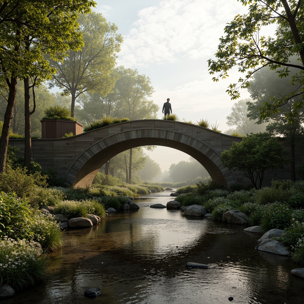 Prompt: Curved bridge silhouette, blending with natural surroundings, organic shapes, fluid lines, sustainable materials, reclaimed wood, living roofs, lush greenery, wildflowers, gentle streams, serene water reflections, misty morning atmosphere, soft warm lighting, 1/1 composition, intimate perspective, realistic textures, ambient occlusion.