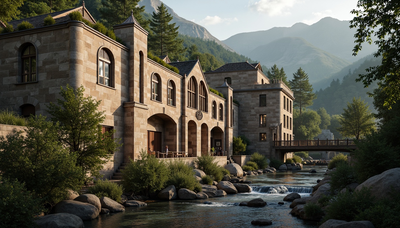 Prompt: Majestic monastery, rustic stone walls, curved arches, stained glass windows, intricate carvings, serene natural surroundings, lush green forests, misty mountains, peaceful waterfalls, gentle streams, wooden bridges, weathered wooden doors, earthy tone color palette, soft warm lighting, shallow depth of field, 1/2 composition, atmospheric perspective, realistic textures, ambient occlusion.