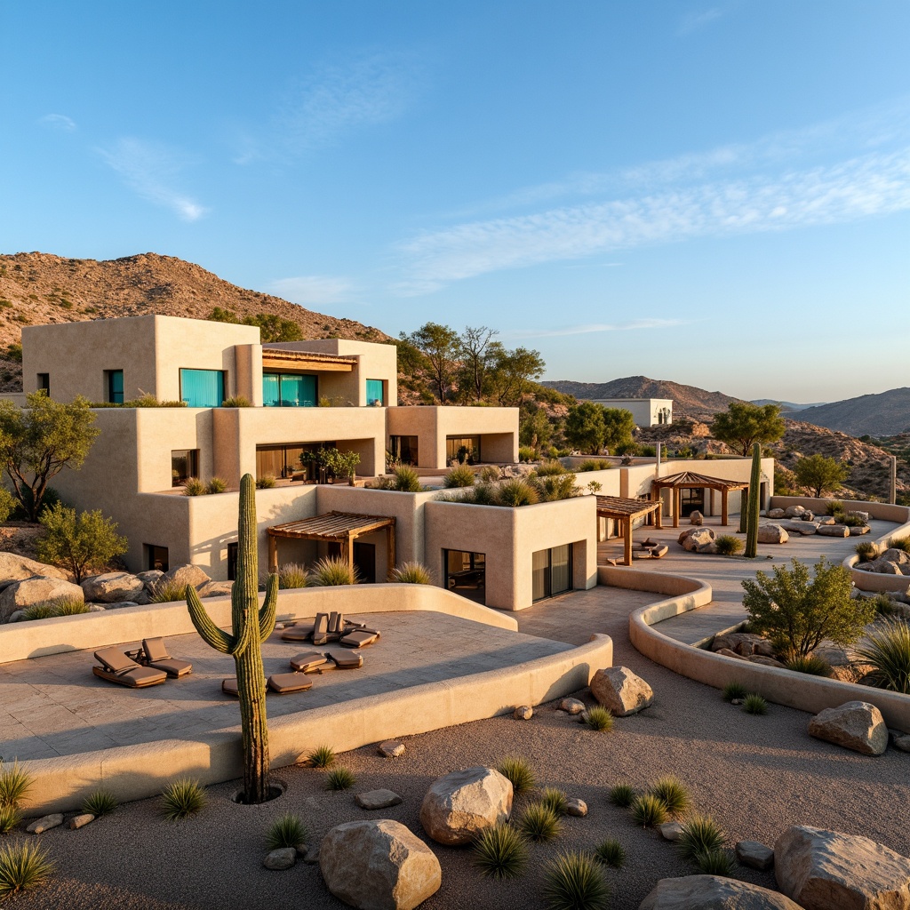 Prompt: Rustic regionalist building, earthy tones, wooden accents, natural stone walls, curved lines, asymmetrical facade, Mediterranean-inspired roofs, vibrant turquoise accents, arid landscape, desert flora, sandy terrain, clear blue sky, warm sunny day, soft golden lighting, shallow depth of field, 3/4 composition, panoramic view, realistic textures, ambient occlusion.