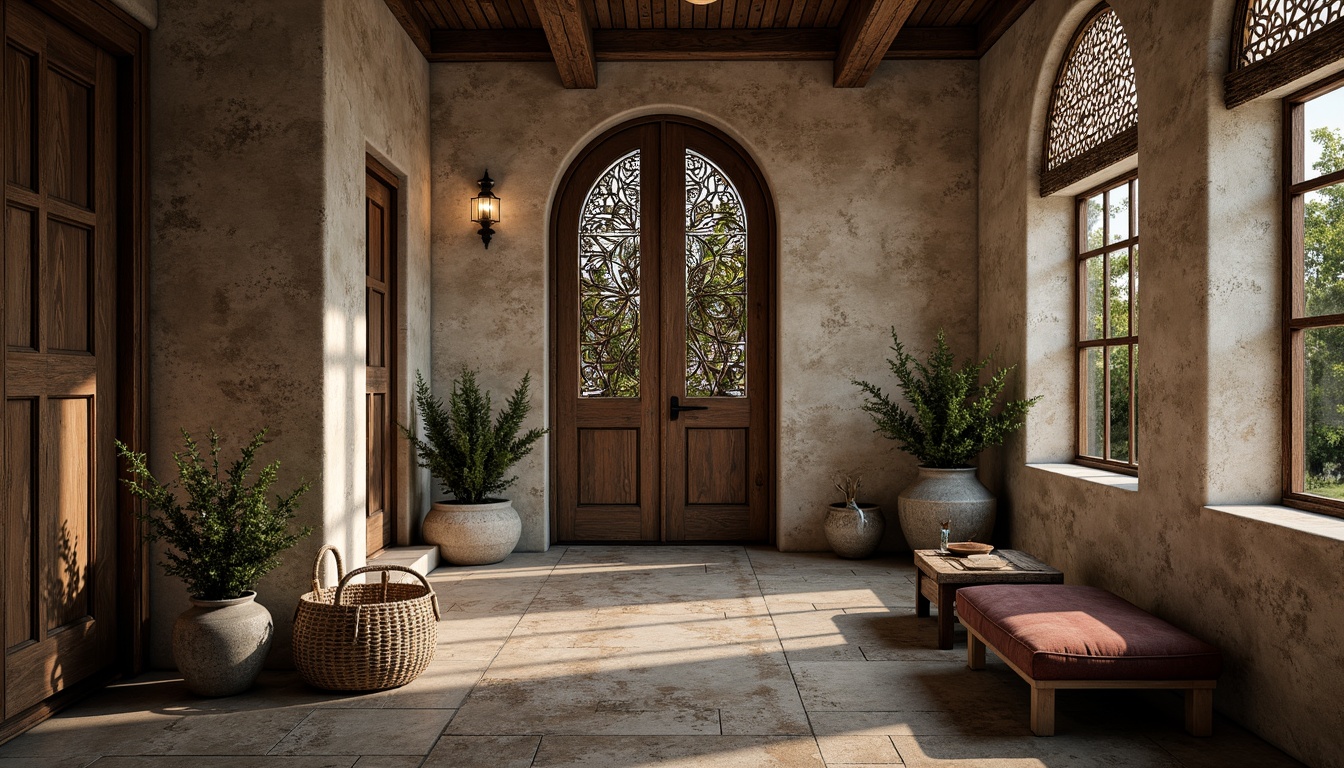 Prompt: Rustic stone walls, weathered wooden planks, rough-hewn concrete surfaces, ornate metal filigree, intricate ceramic tilework, natural fiber textiles, earthy color palette, organic shapes, whimsical patterns, ambient lighting, shallow depth of field, 1/1 composition, realistic renderings, atmospheric perspective.