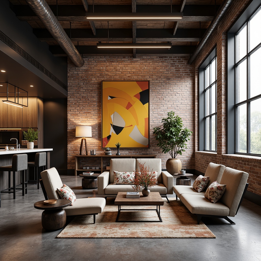 Prompt: Industrial chic interior, exposed brick walls, polished concrete floors, minimalist metal frames, functional wooden furniture, bold color accents, abstract geometric patterns, clean lines, rectangular shapes, abundant natural light, high ceilings, open floor plans, eclectic decorative pieces, vintage industrial artifacts, distressed leather upholstery, rich textile fabrics, warm metallic tones, dramatic lighting contrasts, 1/2 composition, low-angle shot, subtle grain textures.