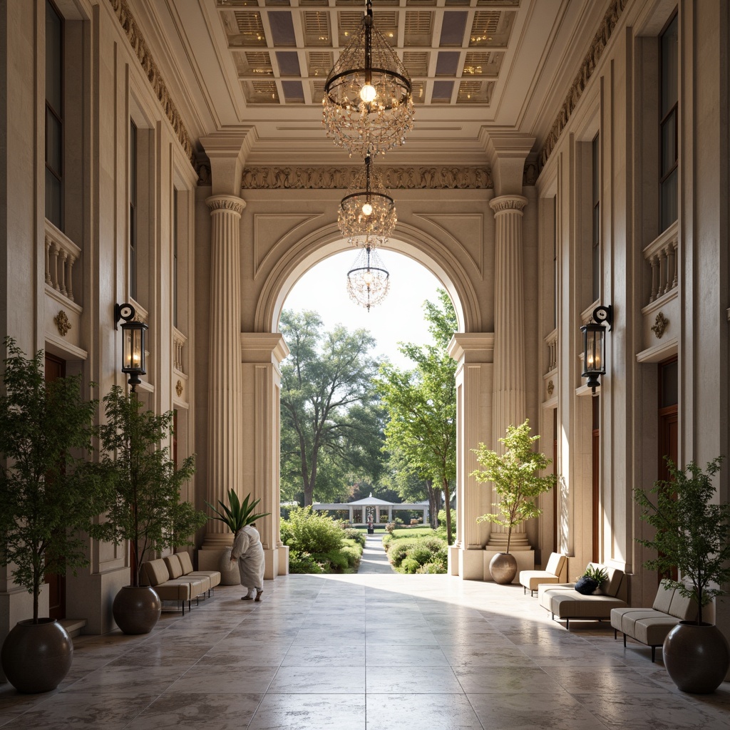 Prompt: Grandiose entrance hall, symmetrical facade, Corinthian columns, ornate details, marble floors, high ceilings, natural light pouring, elegant chandeliers, refined wood accents, comfortable waiting areas, serene gardens, calm water features, soothing greenery, tranquil atmosphere, warm neutral color palette, subtle texture variations, shallow depth of field, 1/1 composition, softbox lighting, realistic reflections, ambient occlusion.