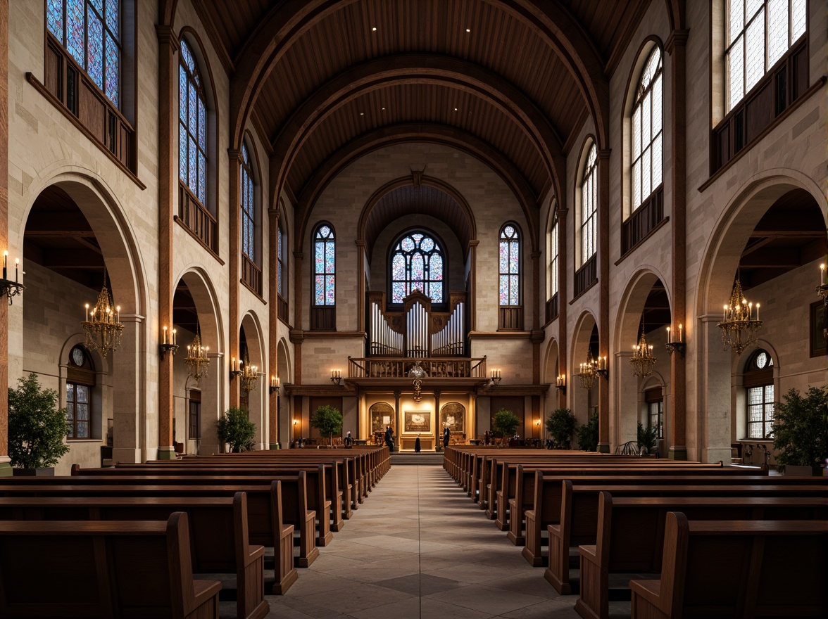 Prompt: Vaulted ceilings, stained glass windows, ornate chandeliers, natural stone walls, Gothic arches, ribbed vaults, intricate carvings, grand organs, pews with wooden accents, subtle color palette, soft warm lighting, indirect illumination, clerestory windows, ambient shadows, 1/1 composition, realistic textures, atmospheric perspective, serene atmosphere, peaceful ambiance.