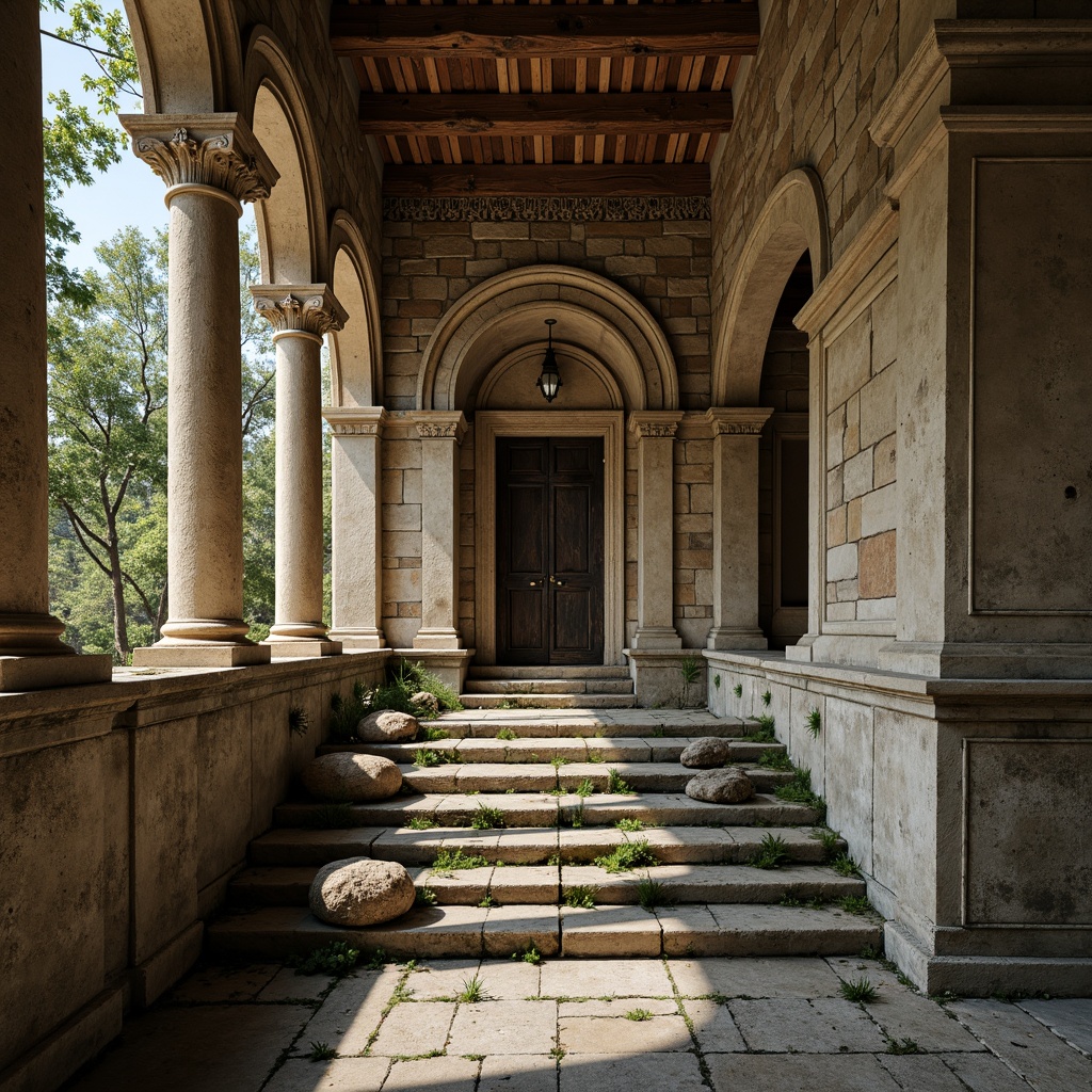 Prompt: Rustic Romanesque architecture, weathered concrete walls, rough-hewn stone blocks, ornate carvings, grand archways, vaulted ceilings, robust columns, intricate capitals, moss-covered facades, worn stone steps, distressed textures, ambient occlusion, warm soft lighting, shallow depth of field, 3/4 composition, realistic render.