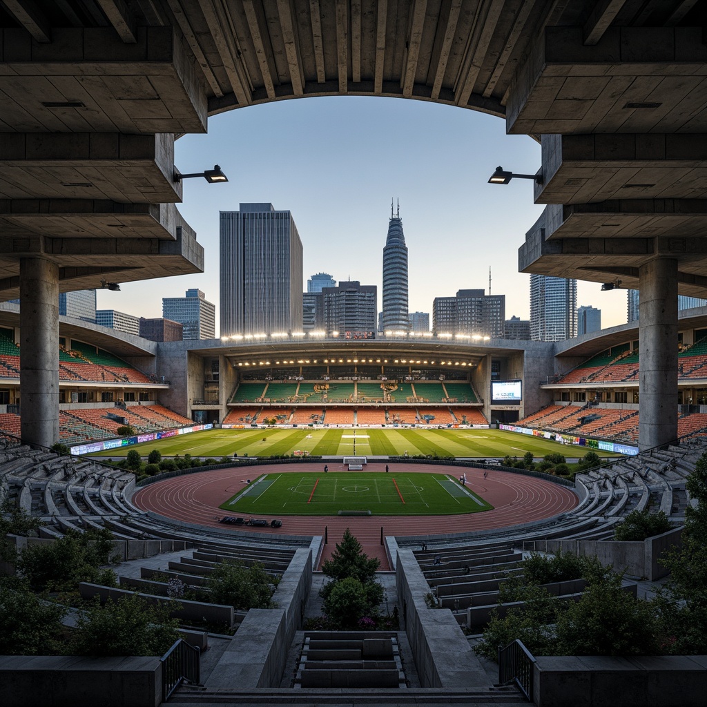 Prompt: Exposed concrete stadium fa\u00e7ade, brutalist architecture, rugged textures, industrial aesthetic, raw concrete columns, cantilevered roofs, minimalist design, functional simplicity, athletic tracks, soccer fields, Olympic-sized pools, retractable seating, modern LED lighting, dramatic shadows, high-contrast photography, cinematic composition, 1/1 aspect ratio, sharp focus, urban surroundings, bustling cityscape, evening atmosphere, warm golden lighting.