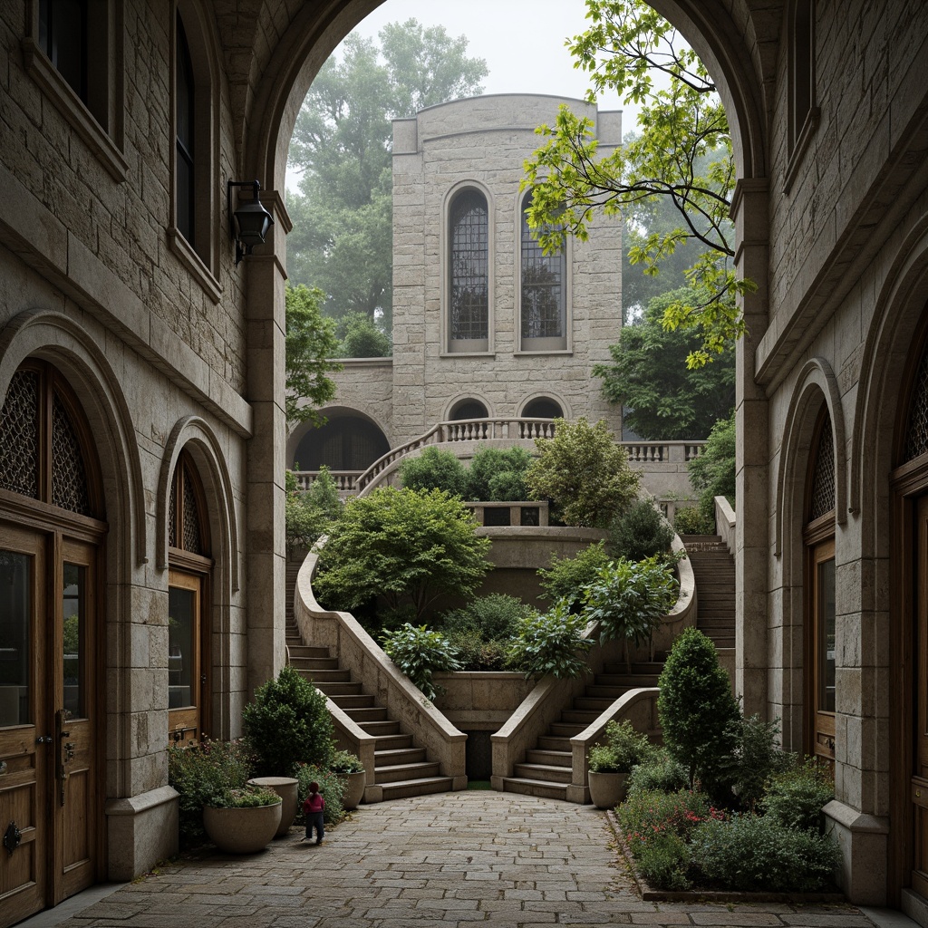 Prompt: Romanesque memorial center, stone fa\u00e7ade, arched windows, ornate doorways, rusticated columns, grand entrance, sweeping staircases, vaulted ceilings, stained glass windows, intricate carvings, weathered bronze doors, moss-covered walls, serene natural surroundings, misty morning atmosphere, soft diffused lighting, 1/2 composition, shallow depth of field, realistic textures, ambient occlusion.