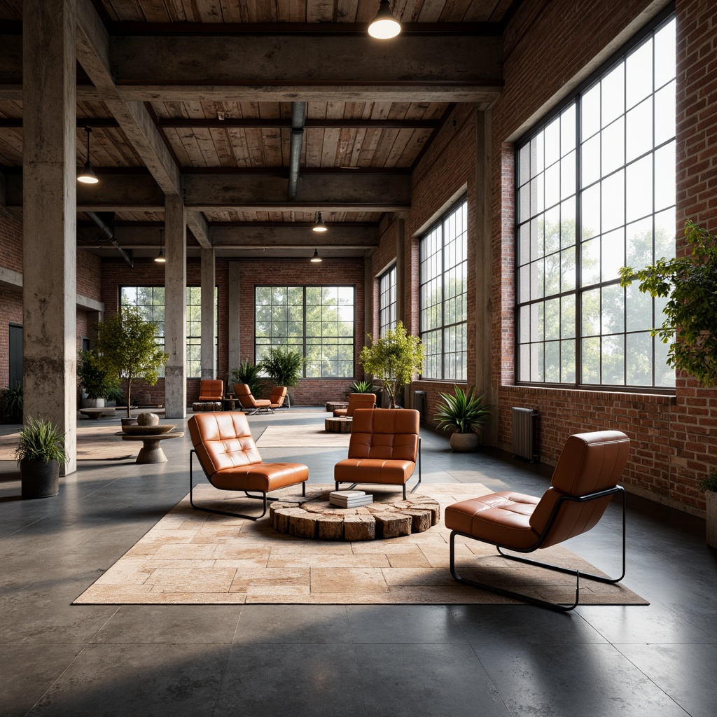 Prompt: Industrial factory setting, exposed brick walls, metal beams, polished concrete floors, minimalist decor, functional furniture, tubular steel chairs, leather upholstery, geometric patterns, primary color scheme, natural light pouring through large windows, low-angle shot, warm softbox lighting, 1/1 composition, realistic textures, ambient occlusion.