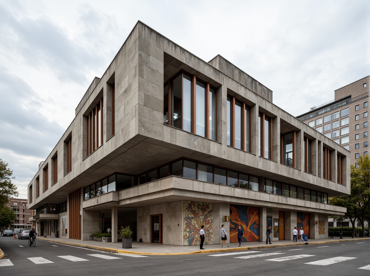 Prompt: Rustic high school building, brutalist architecture, raw concrete walls, rectangular windows, industrial metal doors, asymmetrical facade, cantilevered rooflines, bold geometric patterns, earthy color palette, weathered stone accents, abstract murals, urban cityscape backdrop, cloudy grey sky, soft diffused lighting, shallow depth of field, 2/3 composition, dynamic angular lines, intricate stonework details, ambient occlusion.