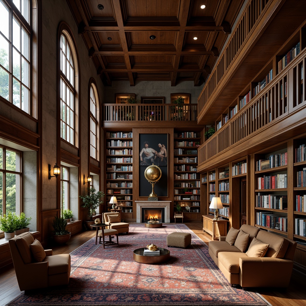 Prompt: Elegant library interior, academic atmosphere, wooden bookshelves, comfortable reading nooks, soft warm lighting, rich wood tones, leather-bound books, vintage globes, ornate metal lamps, plush area rugs, tall ceilings, large windows, natural stone walls, sophisticated color palette, subtle texture variations, 1/1 composition, shallow depth of field, realistic rendering.