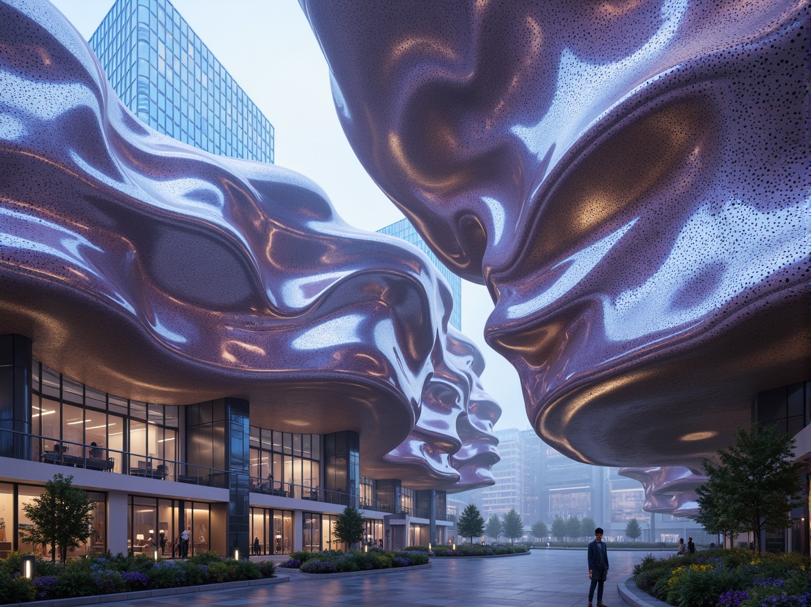 Prompt: Organic blob-like buildings, undulating curves, futuristic architecture, iridescent colors, shimmering metallic surfaces, glossy finishes, reflective materials, translucent glass facades, wavy lines, irregular shapes, amorphous forms, soft glow lighting, ambient occlusion, misty atmosphere, 3/4 composition, shallow depth of field, realistic textures.