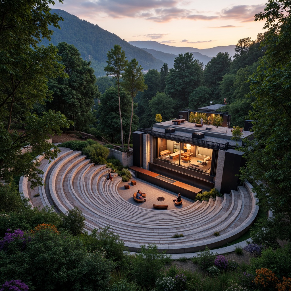 Prompt: Tiered seating, curved rows, audience-centric design, grandstand architecture, outdoor amphitheater, lush green surroundings, natural stone flooring, wooden benches, comfortable cushions, gentle slope, elevated stages, dramatic spotlights, warm sunset ambiance, soft evening lighting, shallow depth of field, 3/4 composition, panoramic view, realistic textures, ambient occlusion.