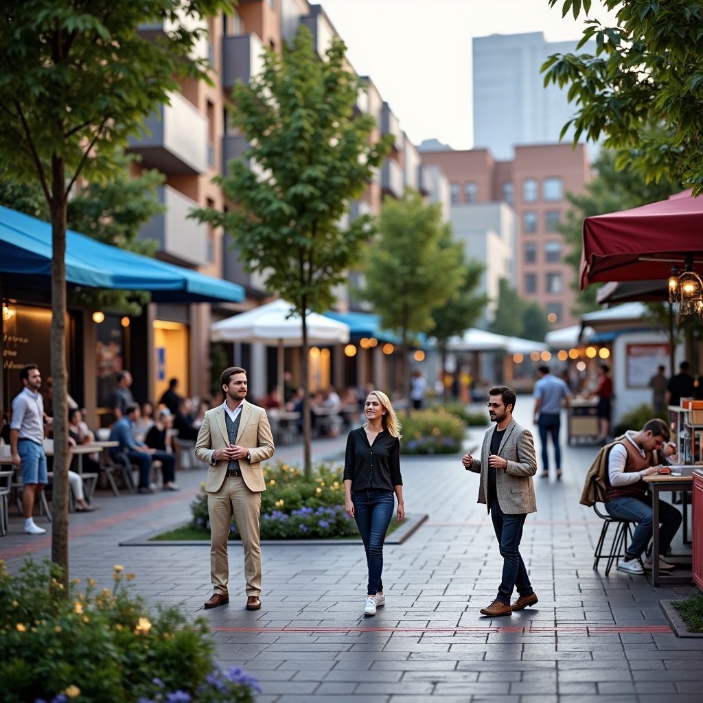 Prompt: Vibrant urban plaza, dynamic street performers, lively pedestrian traffic, modern street furniture, greenery-filled planters, colorful pavement patterns, eclectic food vendors, bustling atmosphere, warm evening lighting, shallow depth of field, 1/2 composition, realistic textures, ambient occlusion.