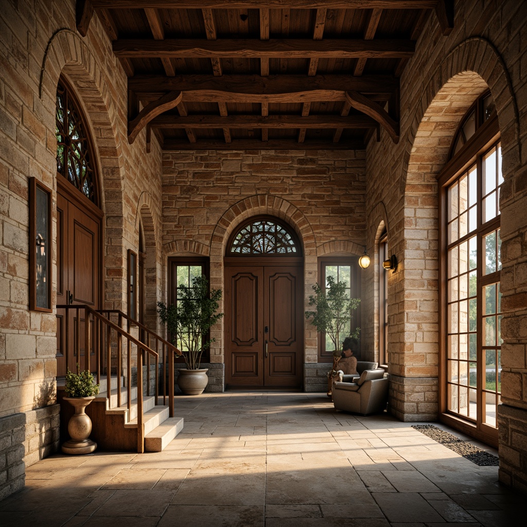 Prompt: Rustic stone fa\u00e7ade, weathered brick walls, ornate archways, grand entrance doors, stained glass windows, intricate carvings, heavy wooden beams, ribbed vaults, ornamental columns, natural limestone flooring, earthy tone color palette, warm golden lighting, dramatic shadows, high-contrast textures, atmospheric mist, 1/1 composition, symmetrical framing, realistic render.