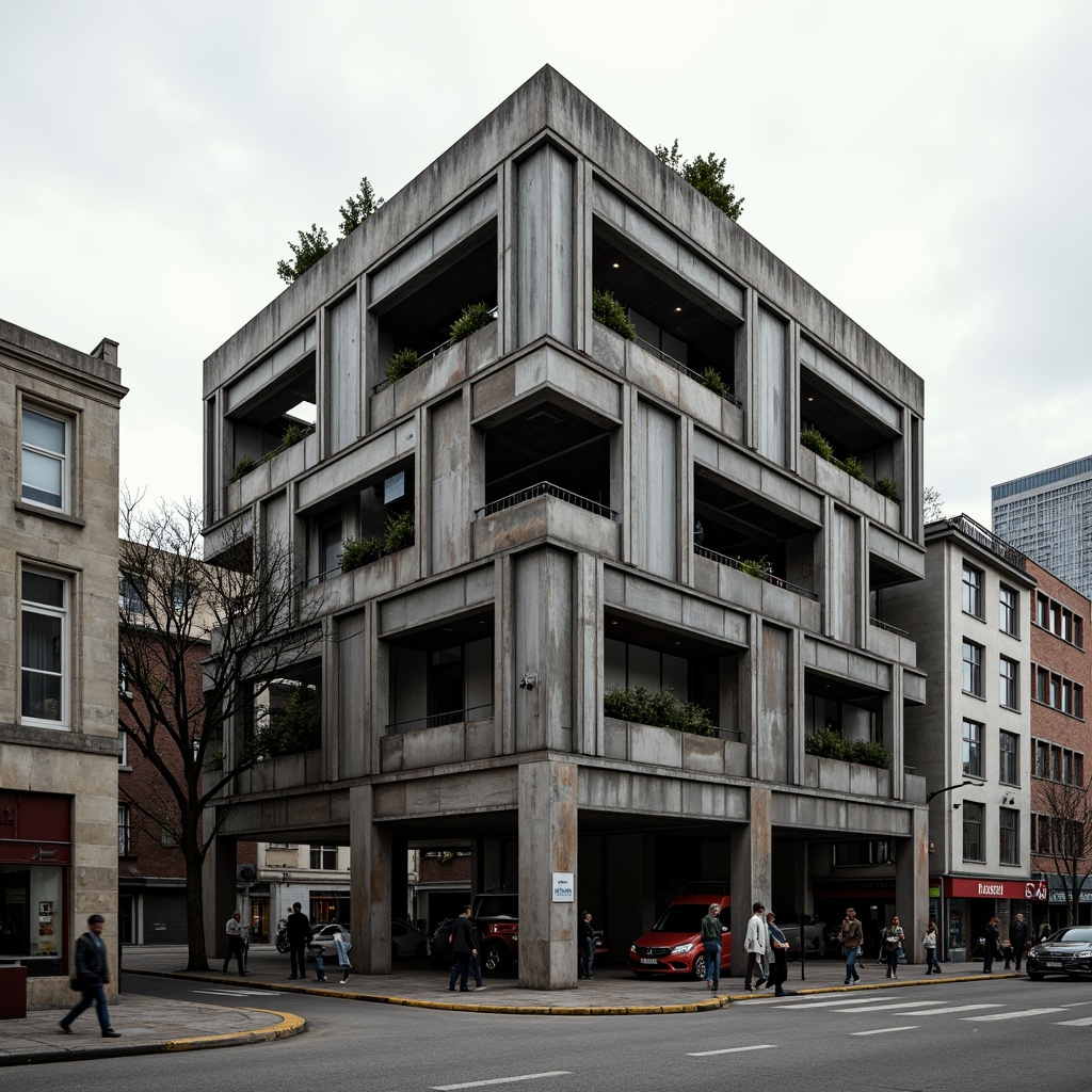 Prompt: Geometric constructivist building, industrial metal fa\u00e7ade, exposed ductwork, concrete brutalist structure, angular lines, fragmented forms, monochromatic color scheme, distressed textures, urban cityscape, overcast day, high-contrast lighting, dramatic shadows, 1/1 composition, symmetrical view, abstract patterns, metallic materials, rusted finishes, weathered stone walls, ornate decorations, intricate mosaics, bold typography, avant-garde atmosphere.