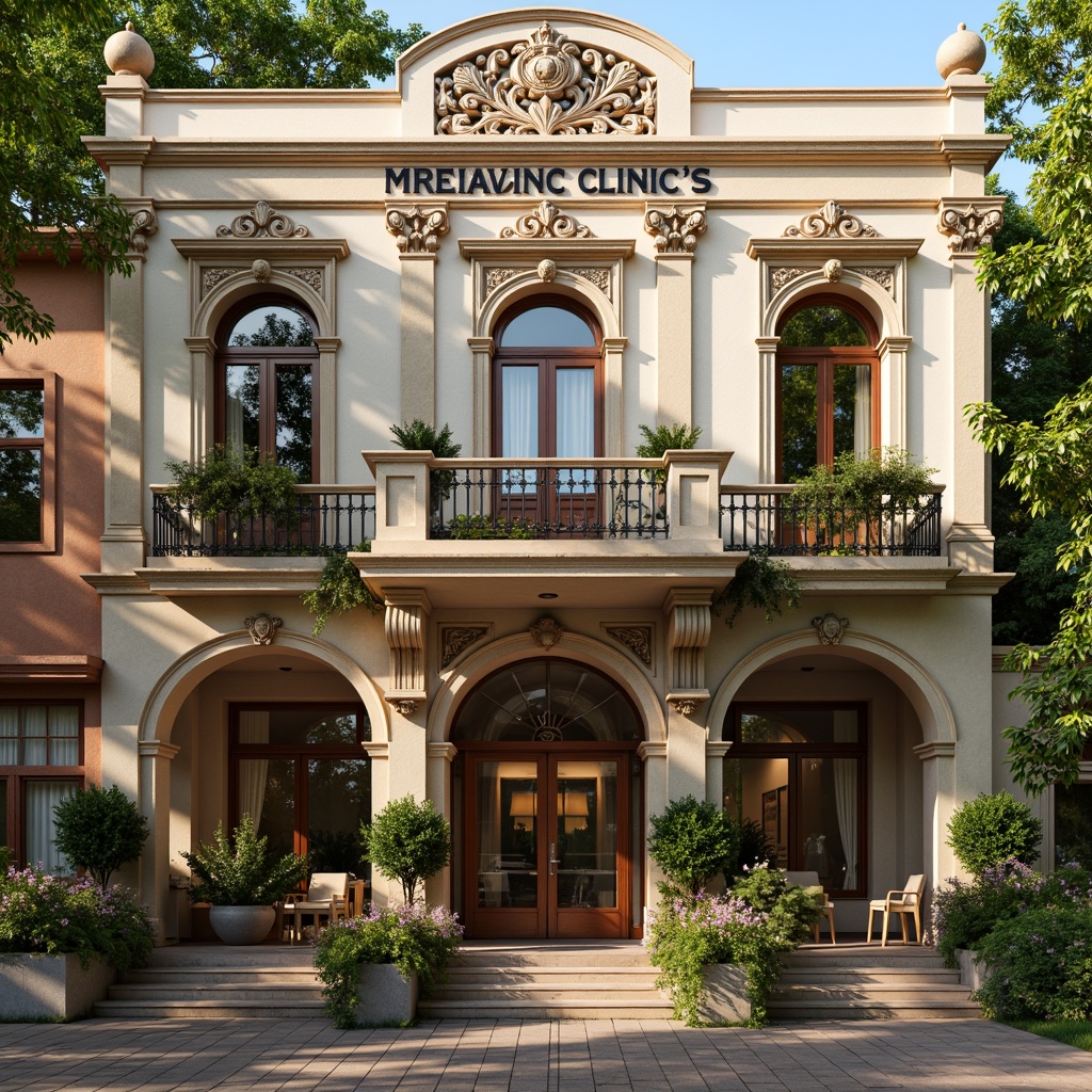 Prompt: Whimsical clinic facade, ornate Victorian-era details, soft pastel hues, delicate filigree patterns, romantic arches, grand entranceways, intricate stone carvings, lush greenery, overflowing flower boxes, warm golden lighting, shallow depth of field, 1/2 composition, atmospheric perspective, realistic textures, ambient occlusion, elegant typography, ornate metalwork, distressed wooden accents, vintage-inspired signage.