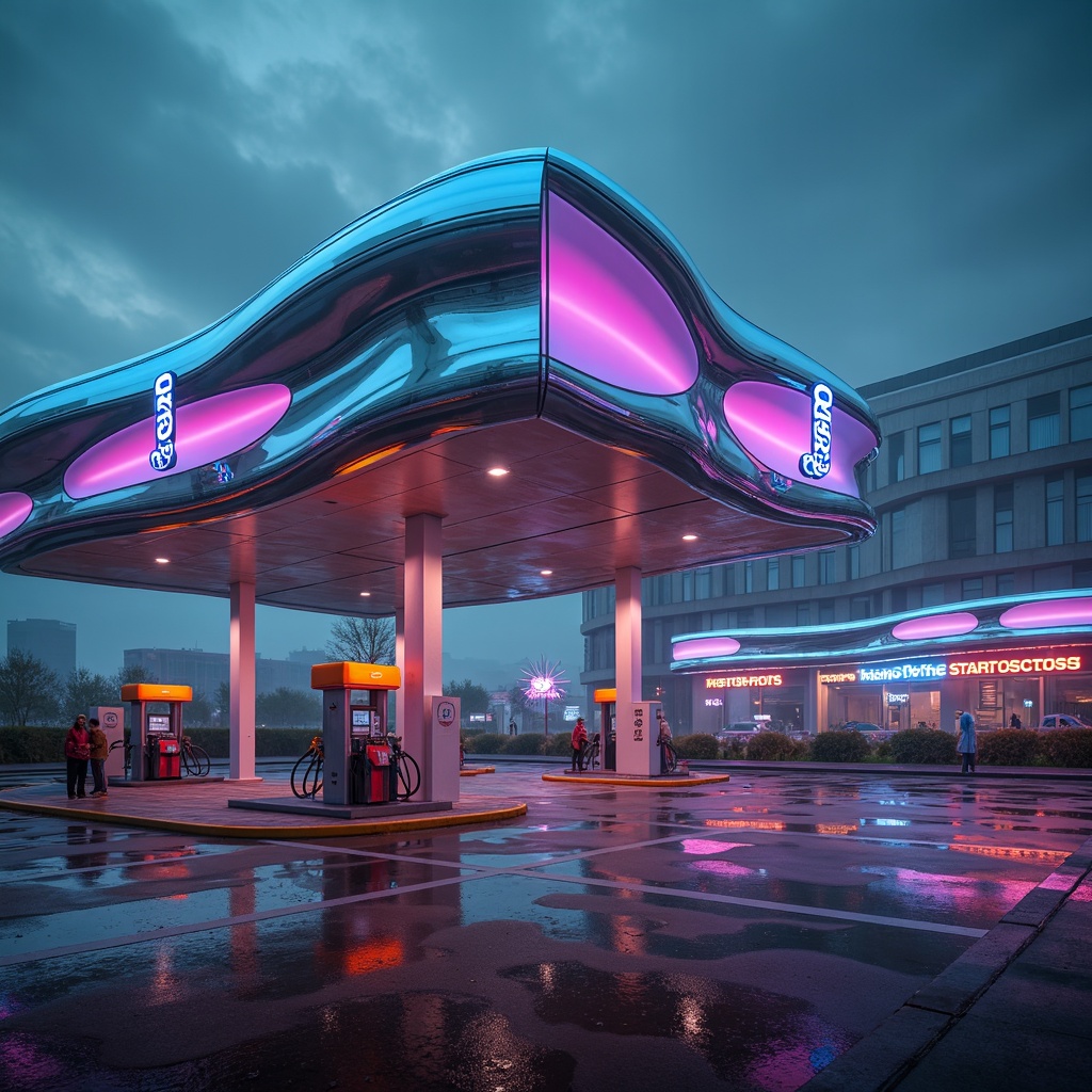 Prompt: Undulating gas station, curvaceous blobs, iridescent fuel pumps, futuristic canopies, neon-lit signage, reflective metallic surfaces, bold angular lines, vibrant color schemes, LED strip lighting, misty atmospheric effects, shallow depth of field, 1/1 composition, realistic reflections, ambient occlusion, sci-fi inspired architecture, sleek modern materials, retro-futuristic accents.