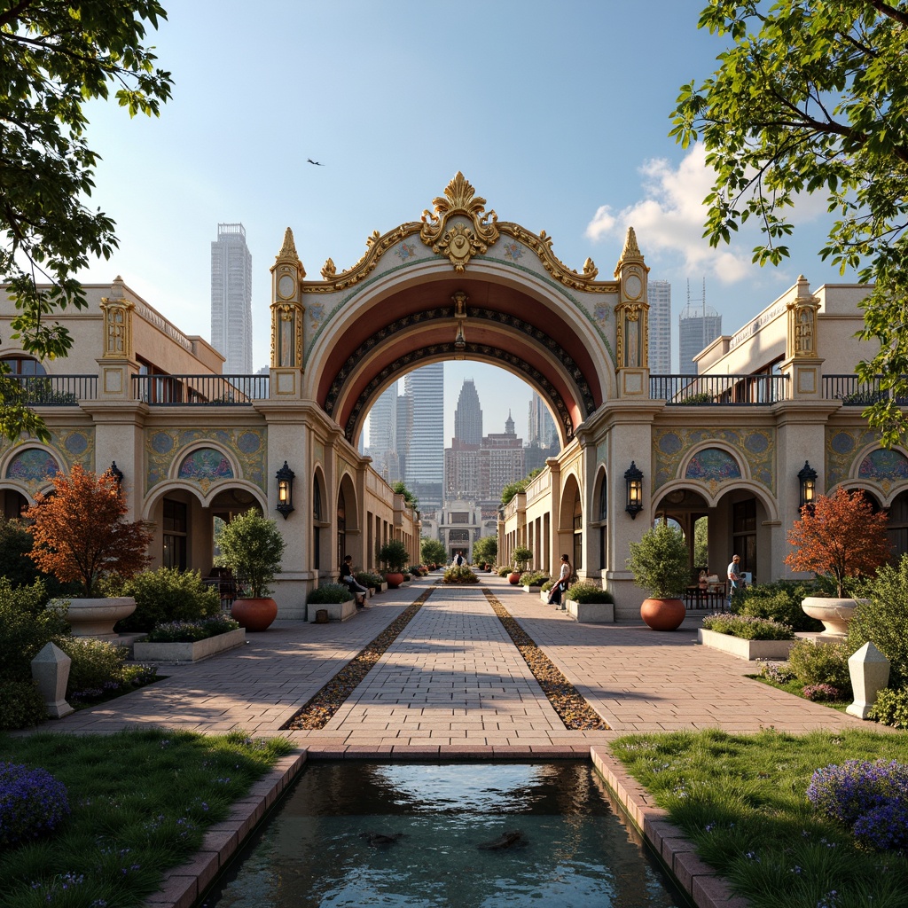 Prompt: Elegant bridge structure, eclectic mix of materials, ornate metal railings, grand arches, intricate stone carvings, vibrant colorful tiles, ornamental lighting fixtures, flowing water features, lush greenery, majestic city skyline, warm sunny day, soft warm lighting, shallow depth of field, 1/2 composition, symmetrical view, realistic textures, ambient occlusion.