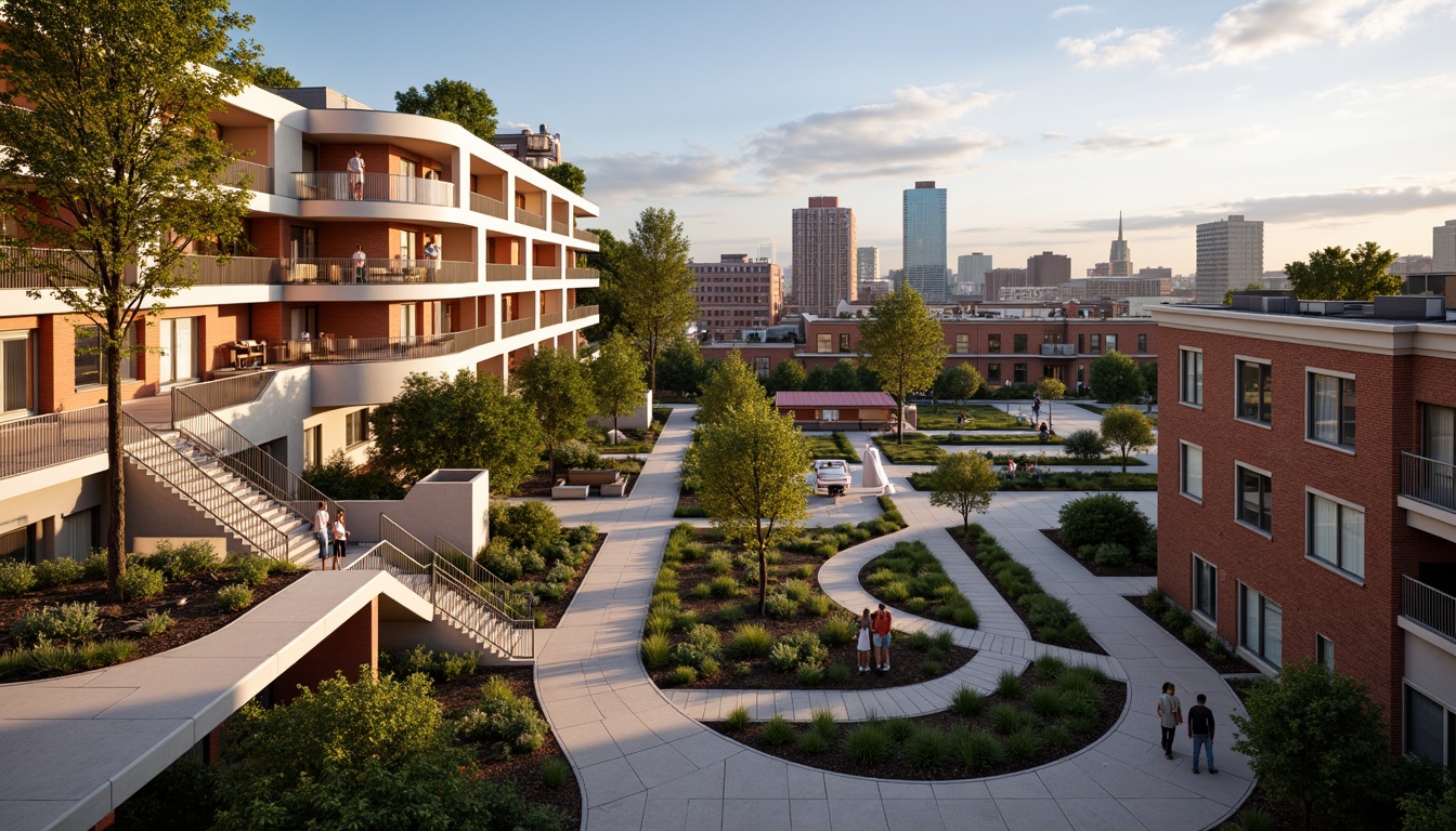 Prompt: Vibrant community center, curved architecture, grand staircase, communal gardens, public art installations, eclectic mix of residents, diverse cultural backgrounds, inclusive atmosphere, natural light-filled corridors, wooden flooring, exposed brick walls, modern amenities, rooftop terraces, urban skyline views, bustling city sounds, warm evening lighting, shallow depth of field, 1/1 composition, realistic textures, ambient occlusion.