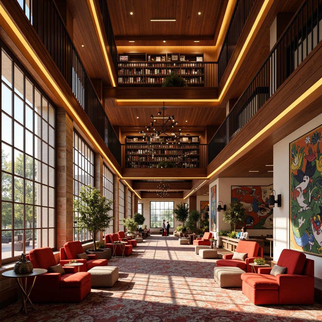 Prompt: Vibrant library interior, rich wood accents, bold bookshelves, comfortable reading nooks, warm golden lighting, plush carpeting, eclectic furniture arrangements, colorful rug patterns, playful decorative elements, whimsical illustrations, natural stone walls, modern architectural details, floor-to-ceiling windows, soft ambient glow, 1/1 composition, shallow depth of field, realistic textures.