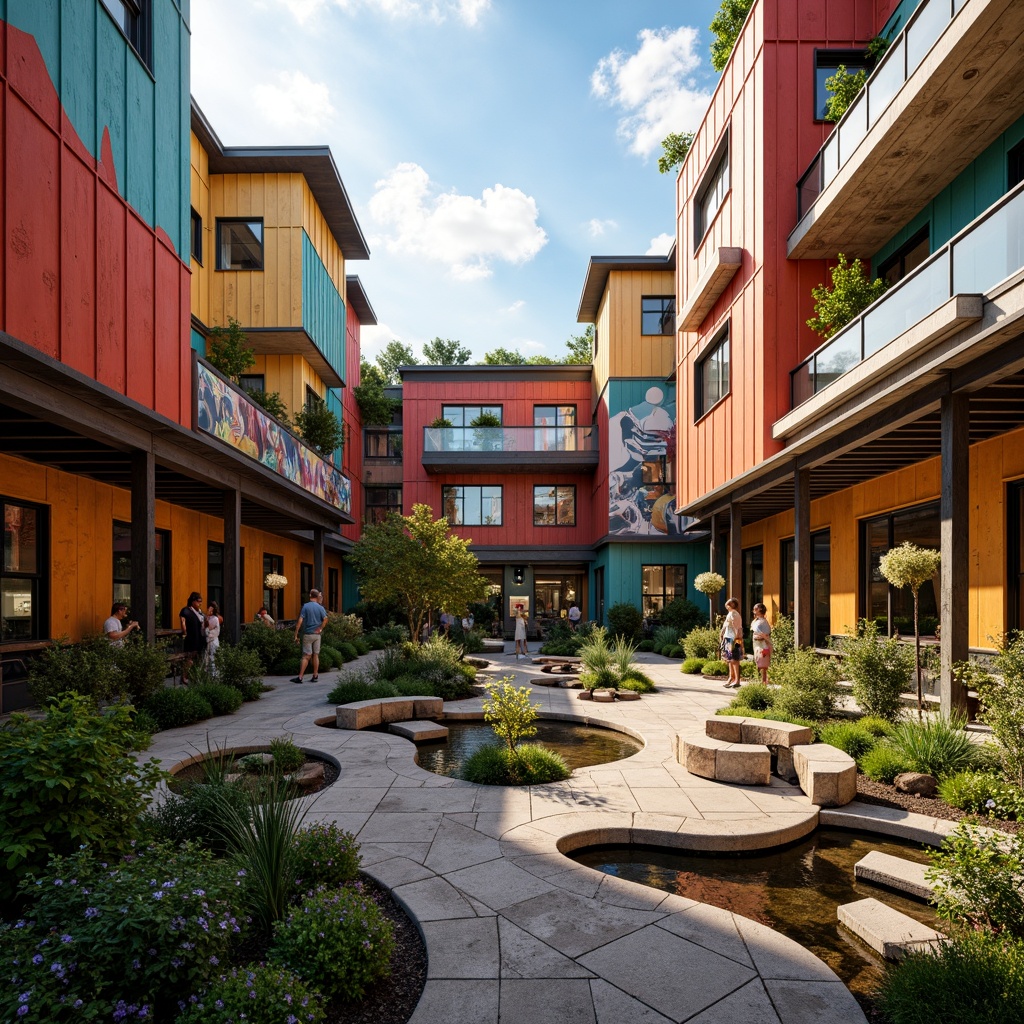 Prompt: Vibrant pub courtyard, eclectic postmodern architecture, irregular shapes, bold color blocking, abstract murals, distressed wood accents, industrial metal fixtures, lush green roofs, whimsical water features, winding stone pathways, atmospheric misting systems, warm golden lighting, shallow depth of field, 1/1 composition, panoramic view, realistic textures, ambient occlusion.