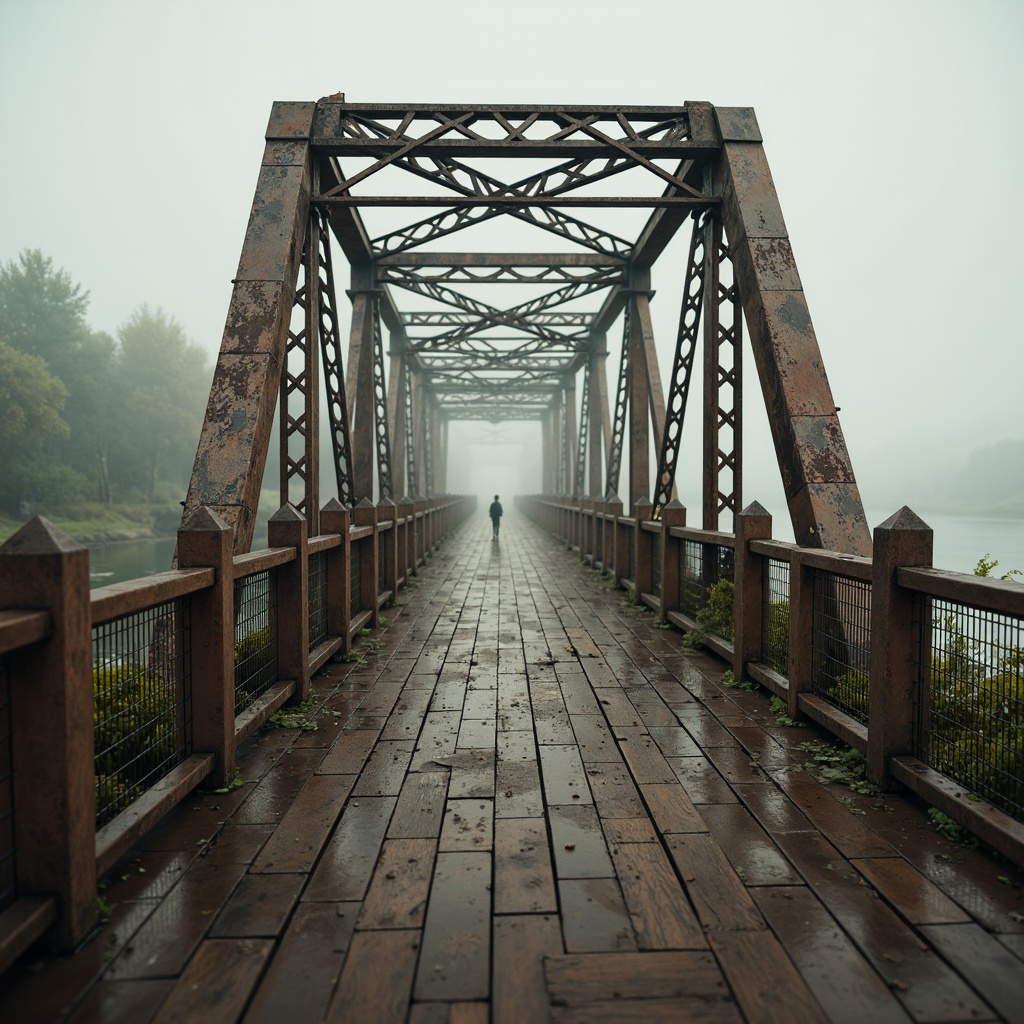 Prompt: Rustic steel bridge, worn wooden planks, industrial metal beams, subtle rust tones, earthy brown hues, muted green accents, weathered stone piers, misty foggy atmosphere, soft warm lighting, shallow depth of field, 2/3 composition, realistic textures, ambient occlusion.