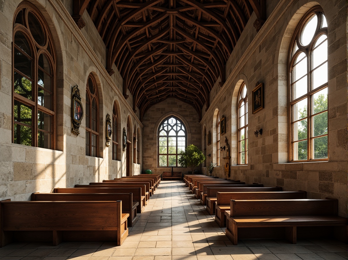 Prompt: Intricately carved stone walls, ornate wooden pews, grandiose vaulted ceilings, stained glass windows, natural light pouring in, dramatic shadows, rustic earthy tones, organic forms blending with Gothic architecture, curved lines, flowing arches, sacred ambiance, peaceful atmosphere, subtle warm lighting, high contrast, detailed textures, realistic materials, 1/1 composition, symmetrical view, atmospheric perspective.