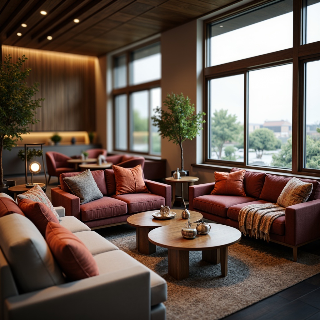 Prompt: Elegant lounge area, plush sofas, velvety cushions, wooden coffee tables, metallic legs, floor lamps, cozy throw blankets, vibrant accent pillows, modern minimalist decor, large windows, natural light, soft warm atmosphere, shallow depth of field, 3/4 composition, realistic textures, ambient occlusion.