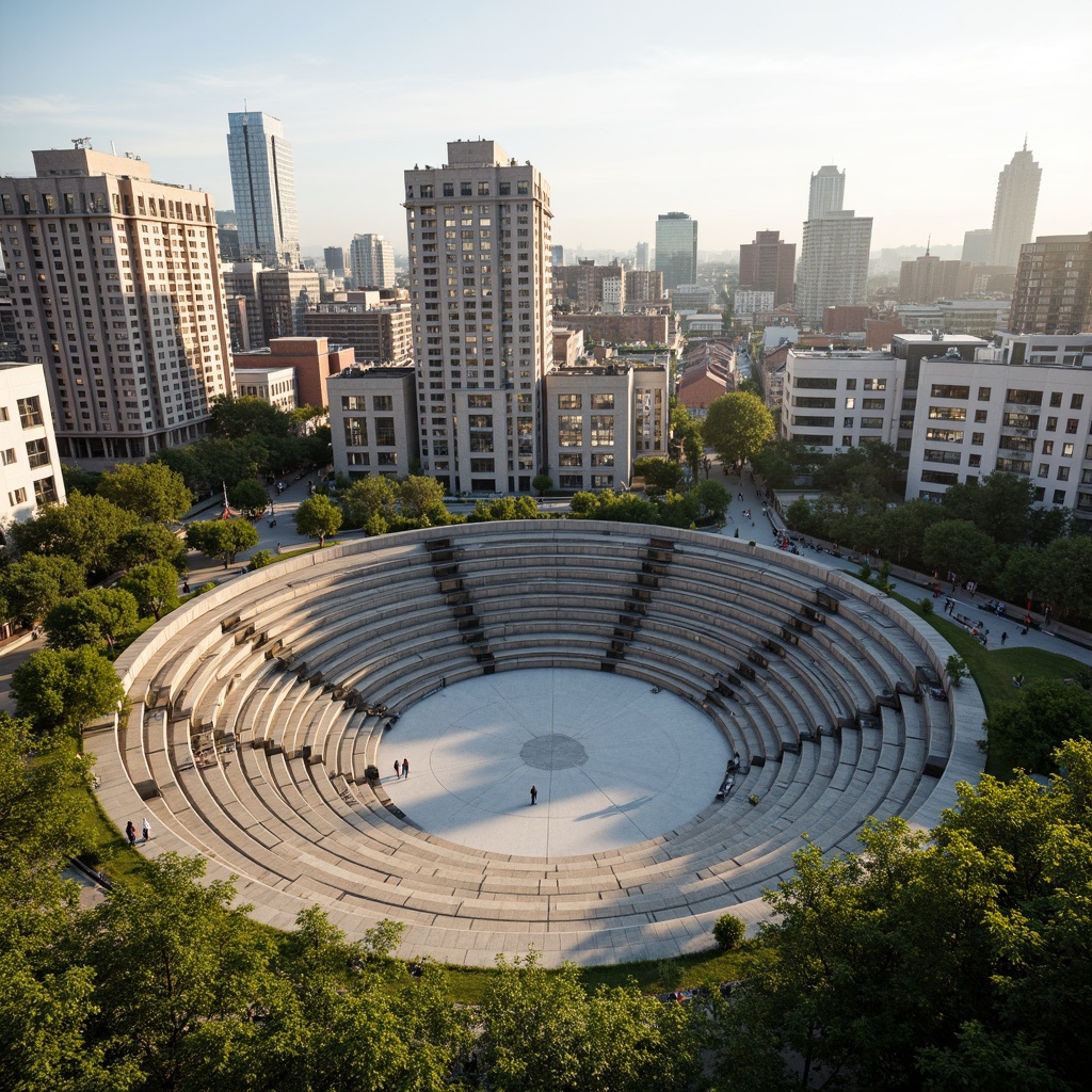 Prompt: Urban amphitheater, stepped seating, lush green roofs, city skyline views, modern architecture, brutalist concrete structures, angular lines, vibrant street art, bustling urban atmosphere, daytime crowds, soft warm lighting, shallow depth of field, 3/4 composition, panoramic view, realistic textures, ambient occlusion.