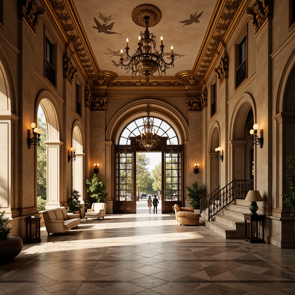 Prompt: Intricate ornateness, lavish decorations, golden accents, grandiose archways, sweeping curves, ornamental facades, majestic entrance gates, imposing stone columns, rusticated walls, dramatic lighting, intense shadows, warm beige tones, richly textured fabrics, regal furnishings, opulent chandeliers, frescoed ceilings, marble floors, grand staircases, panoramic views, symmetrical compositions, high-contrast rendering, photorealistic textures.