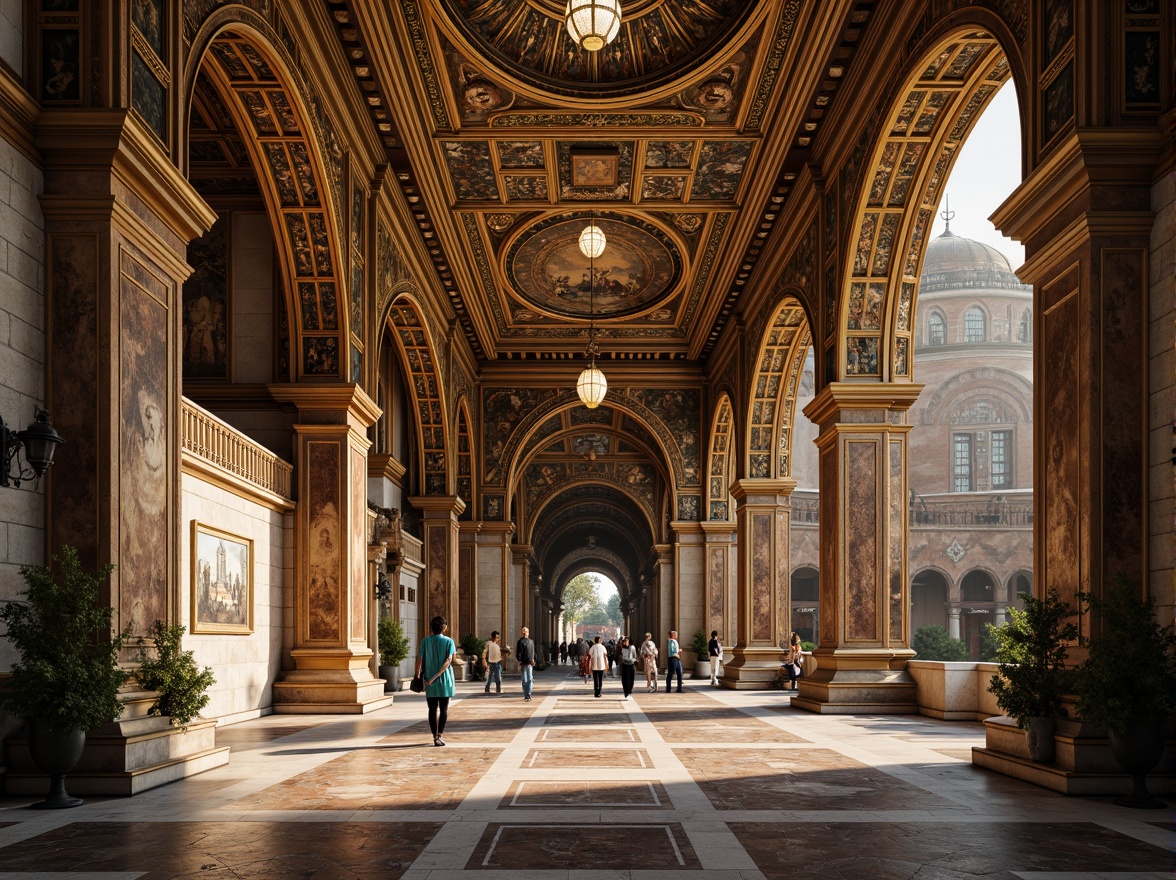 Prompt: Intricate arches, ornate mosaics, golden domes, majestic bell towers, grand entranceways, ornamental columns, lavish marble floors, richly textured stone walls, mystical ambiance, soft warm lighting, dramatic shadows, 3/4 composition, symmetrical layout, ornate capitals, decorative cornices, vibrant colorful frescoes, intricate geometric patterns.