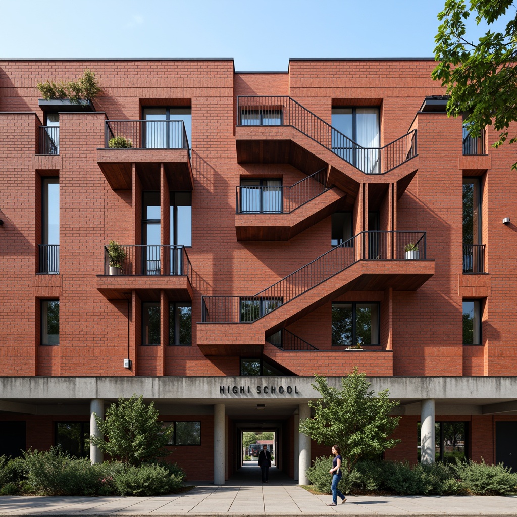 Prompt: Brick-clad high school facade, structuralist architecture, bold geometric patterns, repetitive columnar rhythm, cantilevered roofs, protruding staircases, angular balconies, minimalist ornamentation, industrial-style metal railings, concrete foundation, vibrant color accents, asymmetrical composition, dramatic shading, low-angle shot, realistic textures, ambient occlusion.