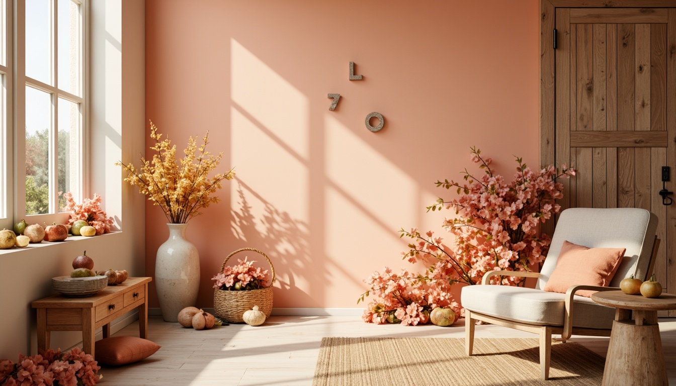 Prompt: Vibrant apricot hues, warm golden tones, soft peach undertones, creamy white accents, rich brown textures, natural earthy atmosphere, rustic wooden elements, vintage distressed finishes, whimsical floral patterns, delicate lace details, airy light-filled spaces, shallow depth of field, 1/1 composition, pastel color grading, gentle gradient transitions.