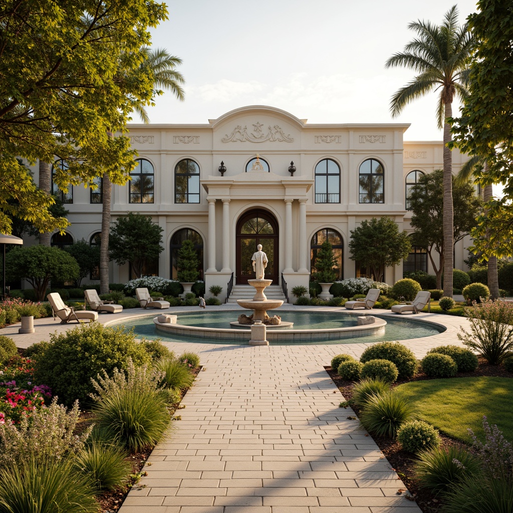 Prompt: Elegant healthcare center, symmetrical gardens, manicured lawns, ornate fountains, walking paths, mature trees, vibrant flower beds, classical statues, grand entranceways, columns and arches, natural stone paving, serene water features, tranquil atmosphere, warm golden lighting, shallow depth of field, 2/3 composition, realistic textures, ambient occlusion.