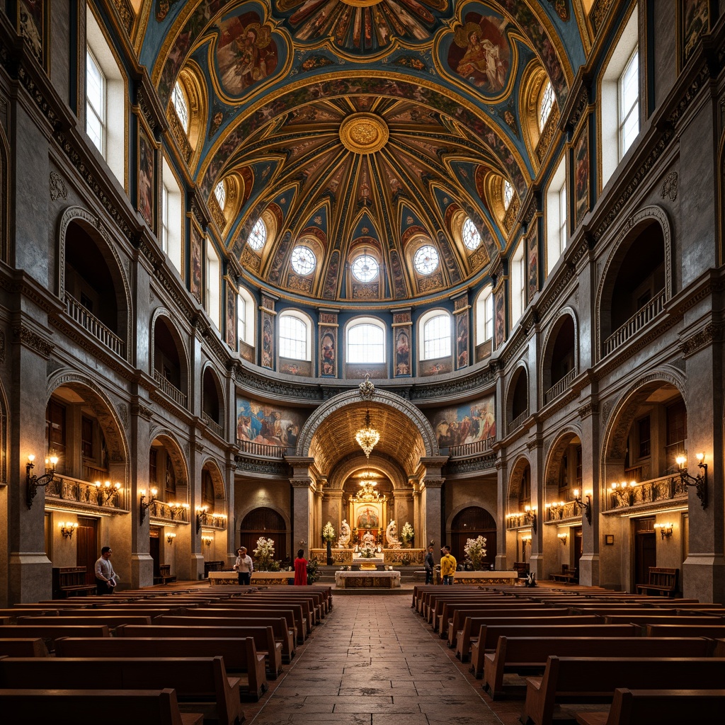 Prompt: Byzantine-style steel church, grand dome structure, intricate stone carvings, golden accents, vibrant mosaic tiles, ornate frescoes, high ceilings, symmetrical arches, ornamental columns, richly textured fabrics, warm candle lighting, soft focus, 1/1 composition, realistic reflections, ambient occlusion.Please let me know if this meets your requirements!