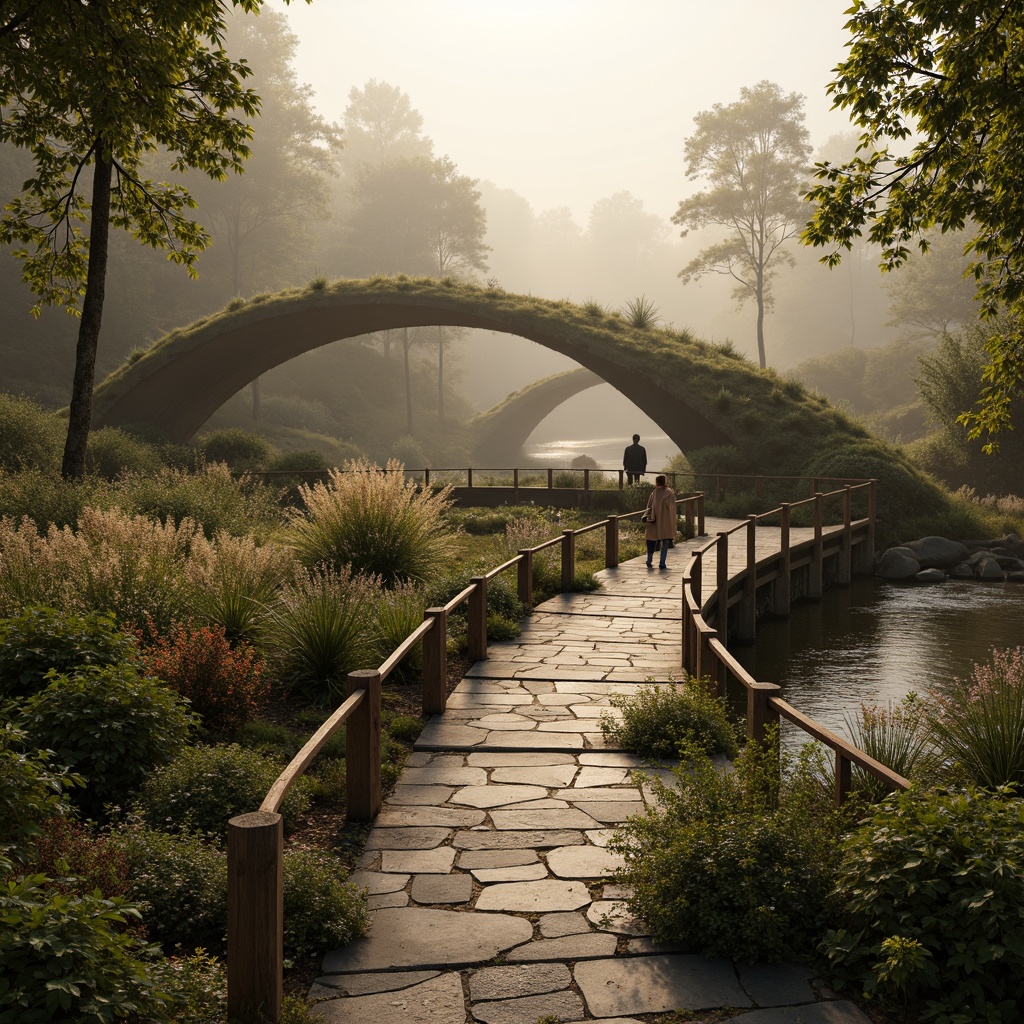 Prompt: Earth-toned bridge, organic curves, natural stone foundations, reclaimed wood railings, lush greenery, vibrant flowers, soft moss cover, misty morning atmosphere, warm golden lighting, shallow depth of field, 3/4 composition, panoramic view, realistic textures, ambient occlusion, gentle water flow, riverbank scenery, serene landscape, eco-friendly materials, sustainable design, modern architecture, minimalist aesthetic, subtle color transitions.