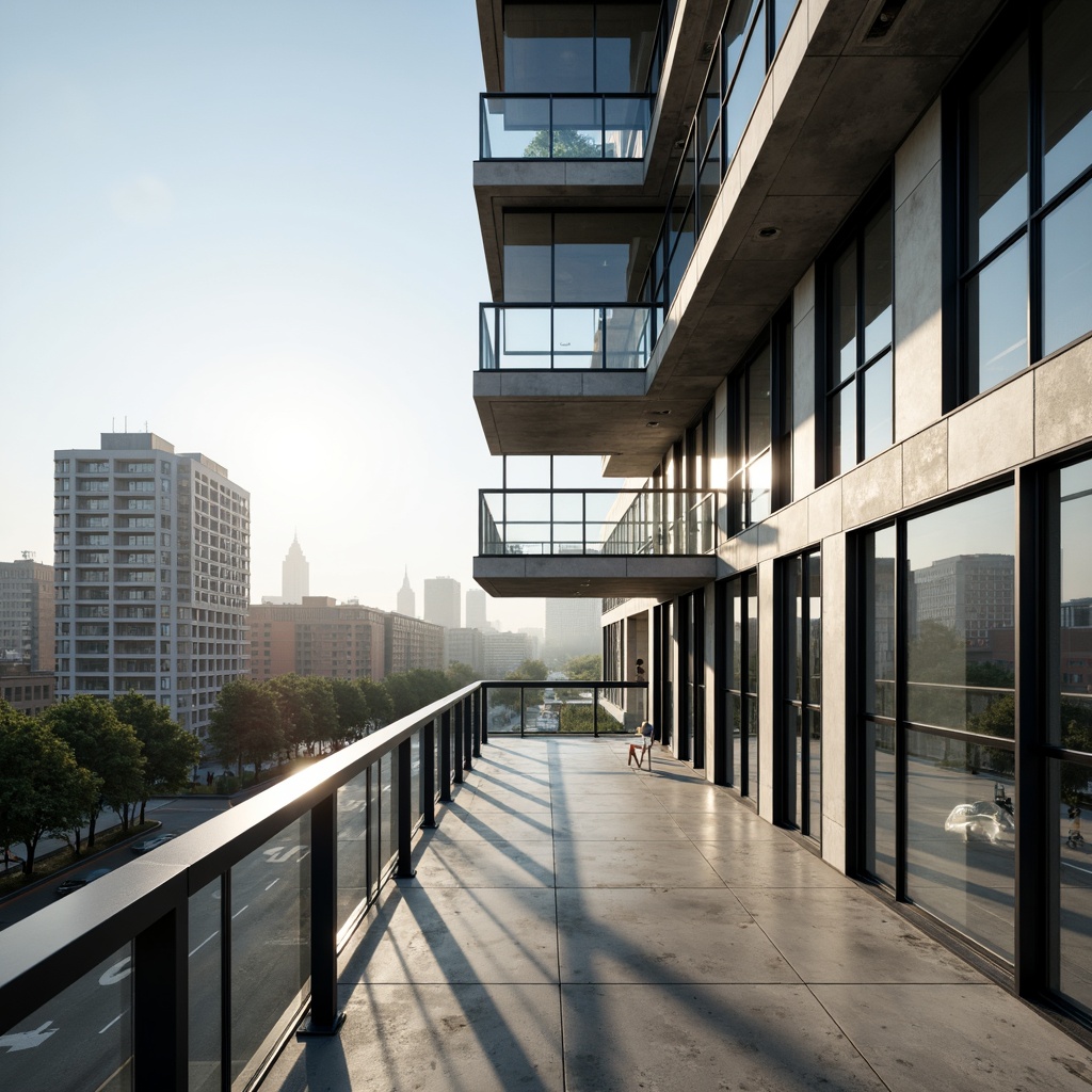 Prompt: Clean lines, minimalist aesthetic, rectangular forms, large windows, steel frames, glass balconies, cantilevered roofs, asymmetrical compositions, industrial materials, exposed ductwork, polished concrete floors, modernist color palette, bold typography, urban landscape views, morning sunlight, softbox lighting, shallow depth of field, 2/3 composition, realistic textures, ambient occlusion.