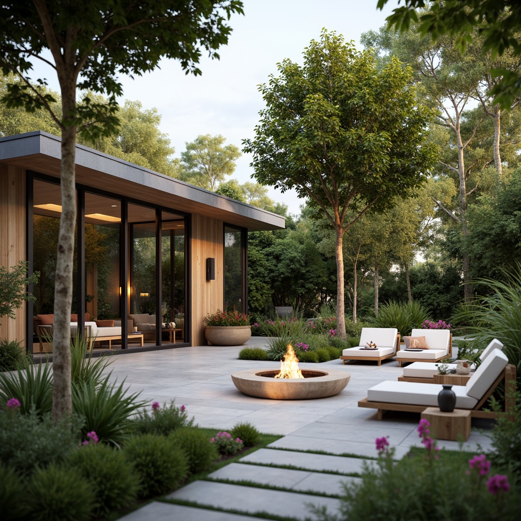 Prompt: Large glass windows, sliding doors, seamless transitions, natural stone floors, wooden accents, minimalist decor, abundant greenery, lush plants, vibrant flowers, outdoor seating areas, cozy fire pits, soft warm lighting, shallow depth of field, 3/4 composition, panoramic view, realistic textures, ambient occlusion.