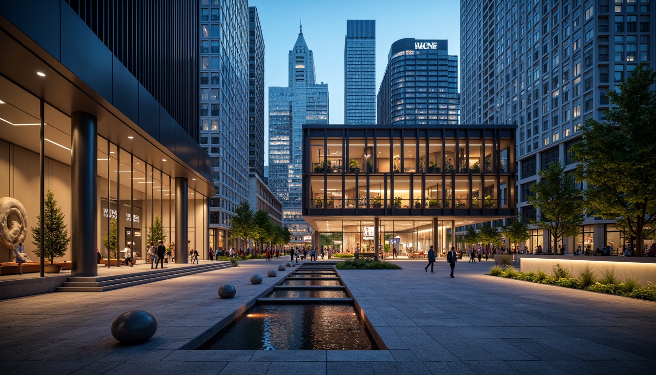 Prompt: Modern memorial center, sleek glass fa\u00e7ade, stainless steel columns, urban skyscrapers background, bustling commercial district, busy streets, pedestrian traffic, city lights, vibrant nightlife, memorial plaza, peaceful water features, natural stone pavement, abstract sculptures, commemorative walls, subtle lighting, shallow depth of field, 1/1 composition, realistic textures, ambient occlusion.