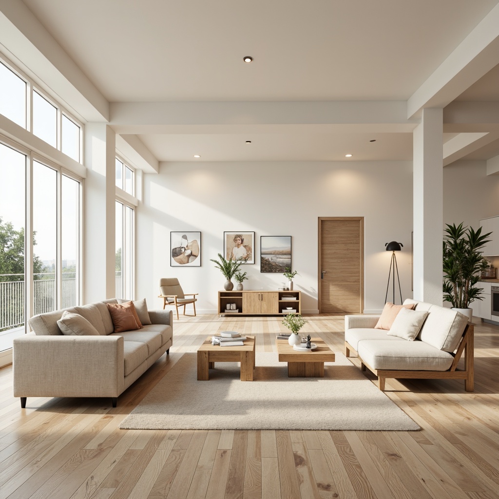 Prompt: Calming interior atmosphere, creamy white walls, polished wooden floors, sparse furniture arrangement, low-profile sofas, sleek coffee tables, geometric-shaped decor, industrial-style lighting fixtures, floor-to-ceiling windows, natural textiles, soft pastel colors, minimal ornamentation, functional storage solutions, hidden LED lighting, cozy reading nooks, airy open-plan layout, 1/1 composition, subtle shadowing, realistic material rendering.